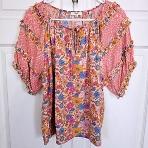 Easel Pink Floral Patchwork Boho Peasant Top Ruffle Sleeve Medium Festival Indie